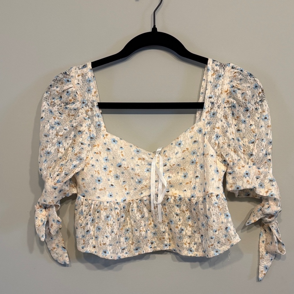 Cream Floral Puff Sleeve Blouse